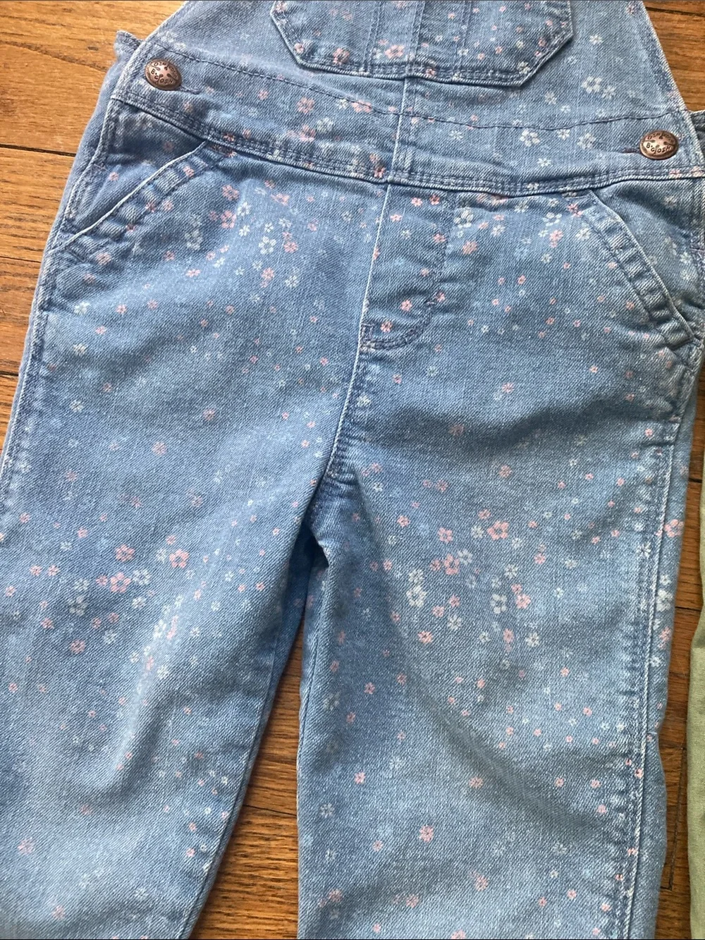 OshKosh B'gosh Set of 2 Overalls Blue Floral Denim and Olive Green 3T Bundle